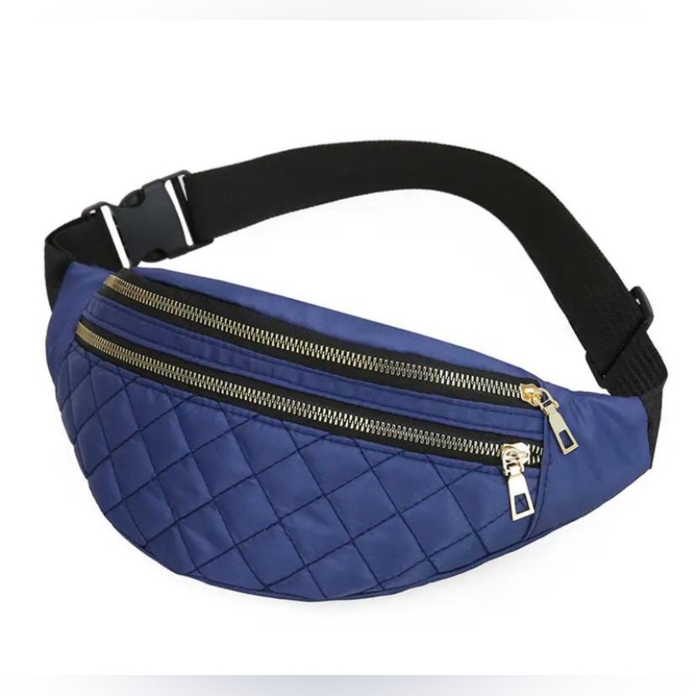 Plaid designed, solid blue, waterproof waist bag or purse.